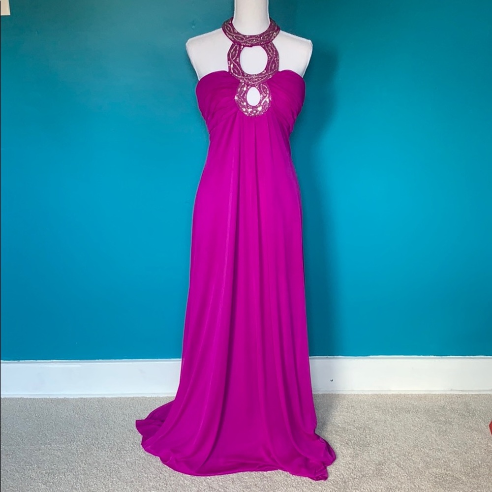 Purple Evening Dress Sequin Neck
